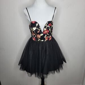 Mini Tulle Dress Balletcore Black Floral Layered Lace up Back‎ 7 HoCo Formal